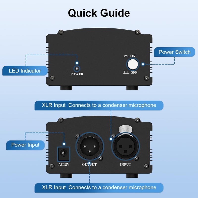 JD 48V Phantom Power Supply, 1-Channel Design with Adapter, Compatible with Any Condenser Microphones, Ideal for Professional Music Recording and Studio Use, Black - Image 3